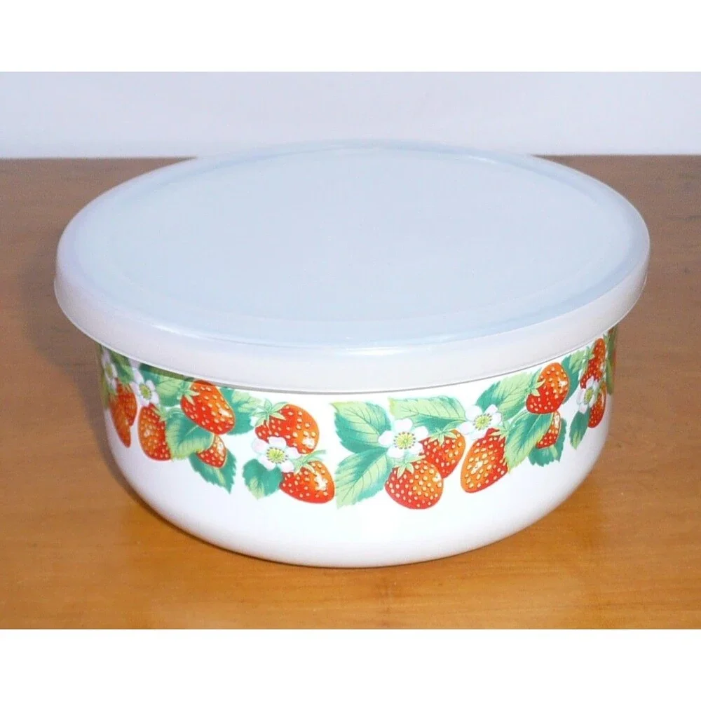 Kobe Kitchen Enamel Metal Mixing Bowls Set Of 3 Strawberry Vintage With Lids